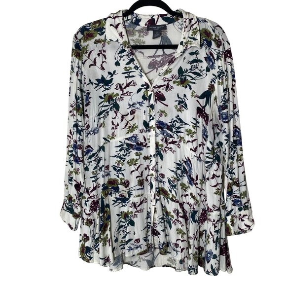 Chelsea & Theodore Top Womans 1X Floral Button-Down Ruffle Boho Tunic Lagen - Picture 1 of 15